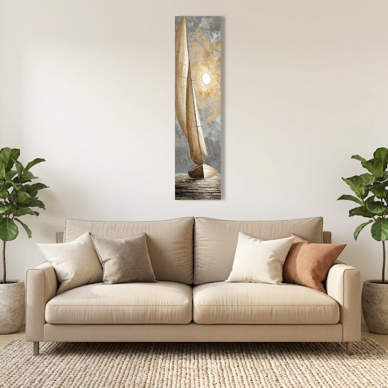 Golden Sailboat Canvas Painting, Full Moon Sailing Ship on Textured Gray Sea, Neutral Nautical Wall Art for Coastal Decor StretchedWood Canvas
