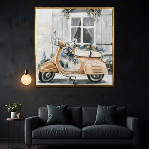 Romantic Scooter with Flowers - Vintage Vespa Canvas Painting for Home Decor, Retro Italian Style Artwork, Perfect Gift for Vespa Lovers