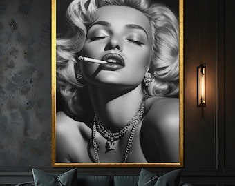 Vintage Marilyn Monroe Black & White Canvas Painting with Luxurious Charm – Classic Icon Art Gift for Hollywood Style Lovers