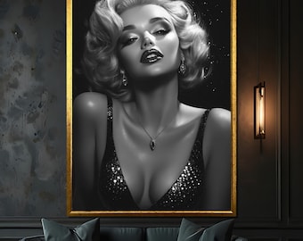 Marilyn Monroe Black & White Canvas Painting - Timeless Glamour Portrait for Classy Art Lovers, Elegant Vintage Gift