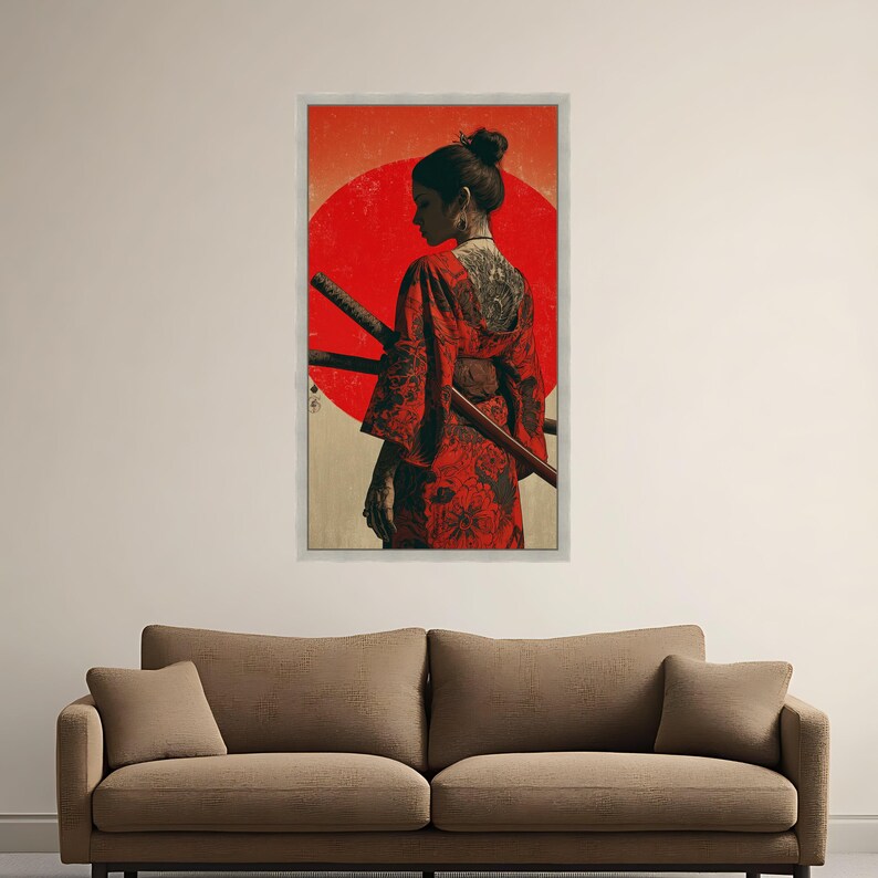 Samurai Woman in Red Kimono Canvas Wall Art, Japanese Sword Artwork ...