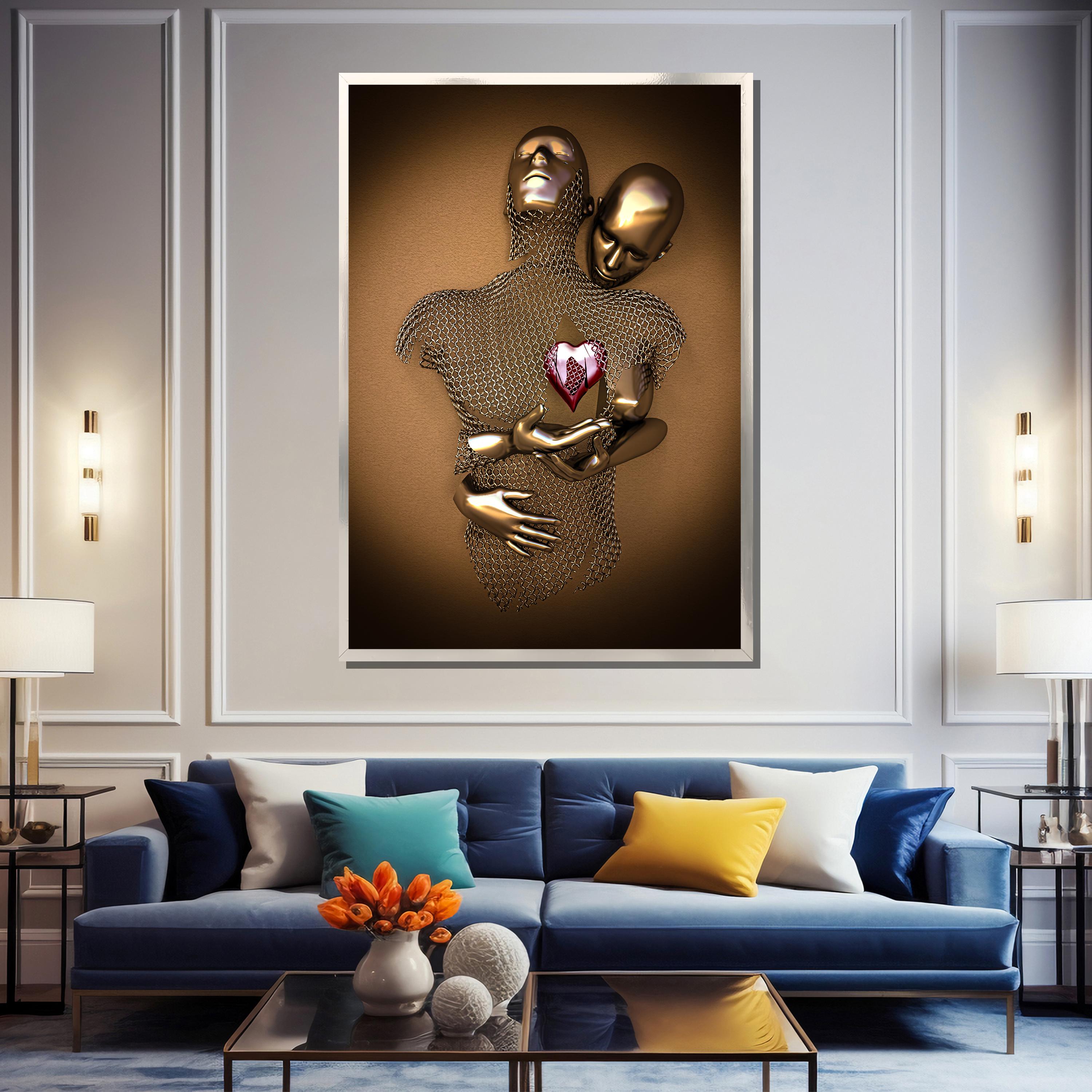 Golden Metallic Embrace Canvas Painting: Lovers in Chain Mesh With
