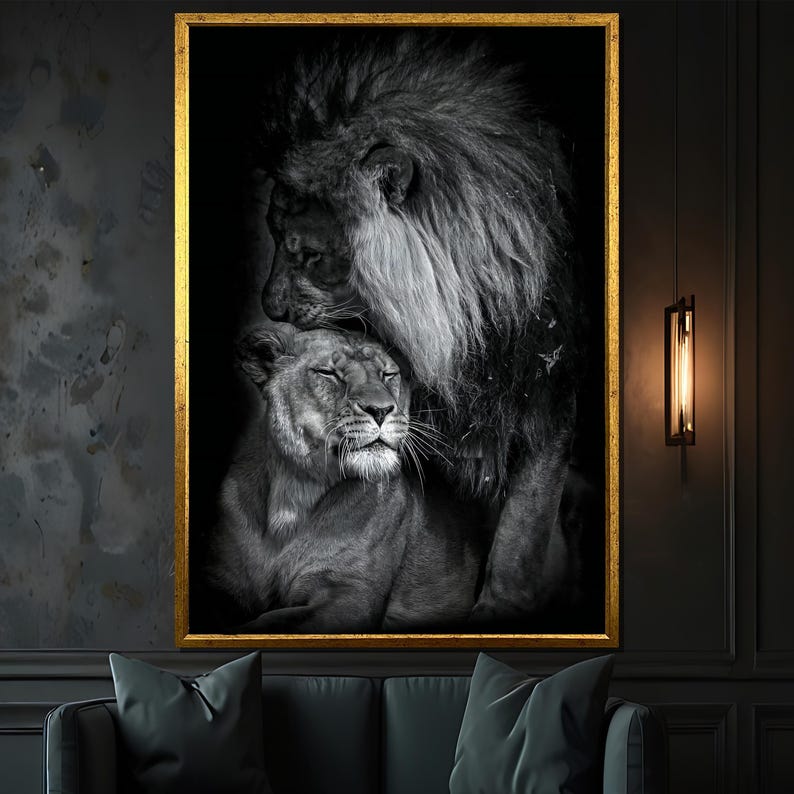 Intimate Bond of Lions Canvas Painting - Elegant Black and White Wildlife Art Gift for Nature Lovers, Majestic Couple Portrait
