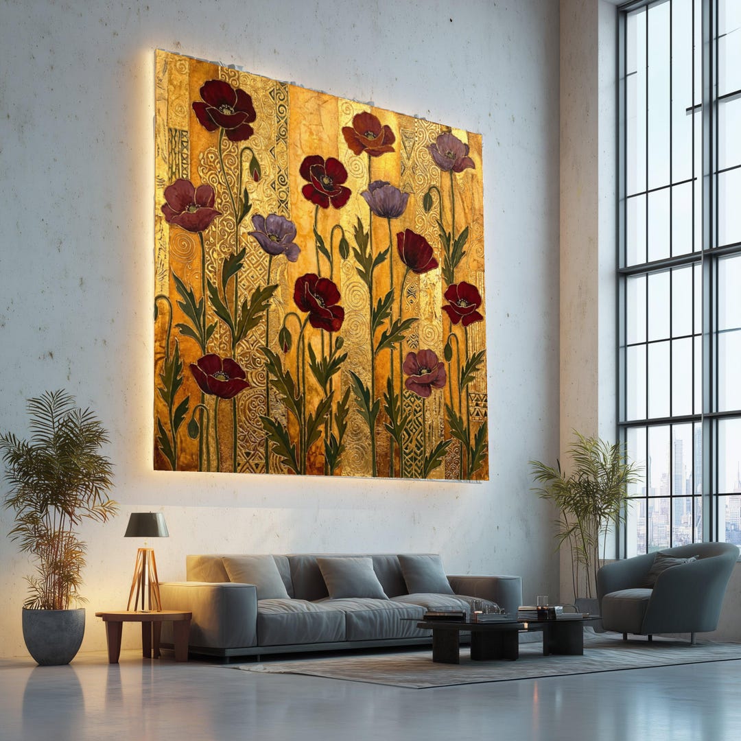 Elegant Red and Purple Poppies Canvas, Gold Patterned Floral Wall Art ...