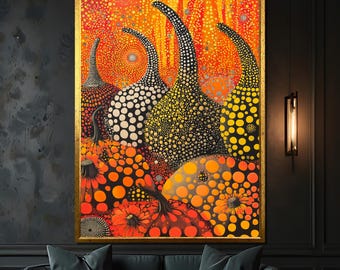 草間彌生のオレンジプリント：カラフルな水玉模様の秋のウォールアート