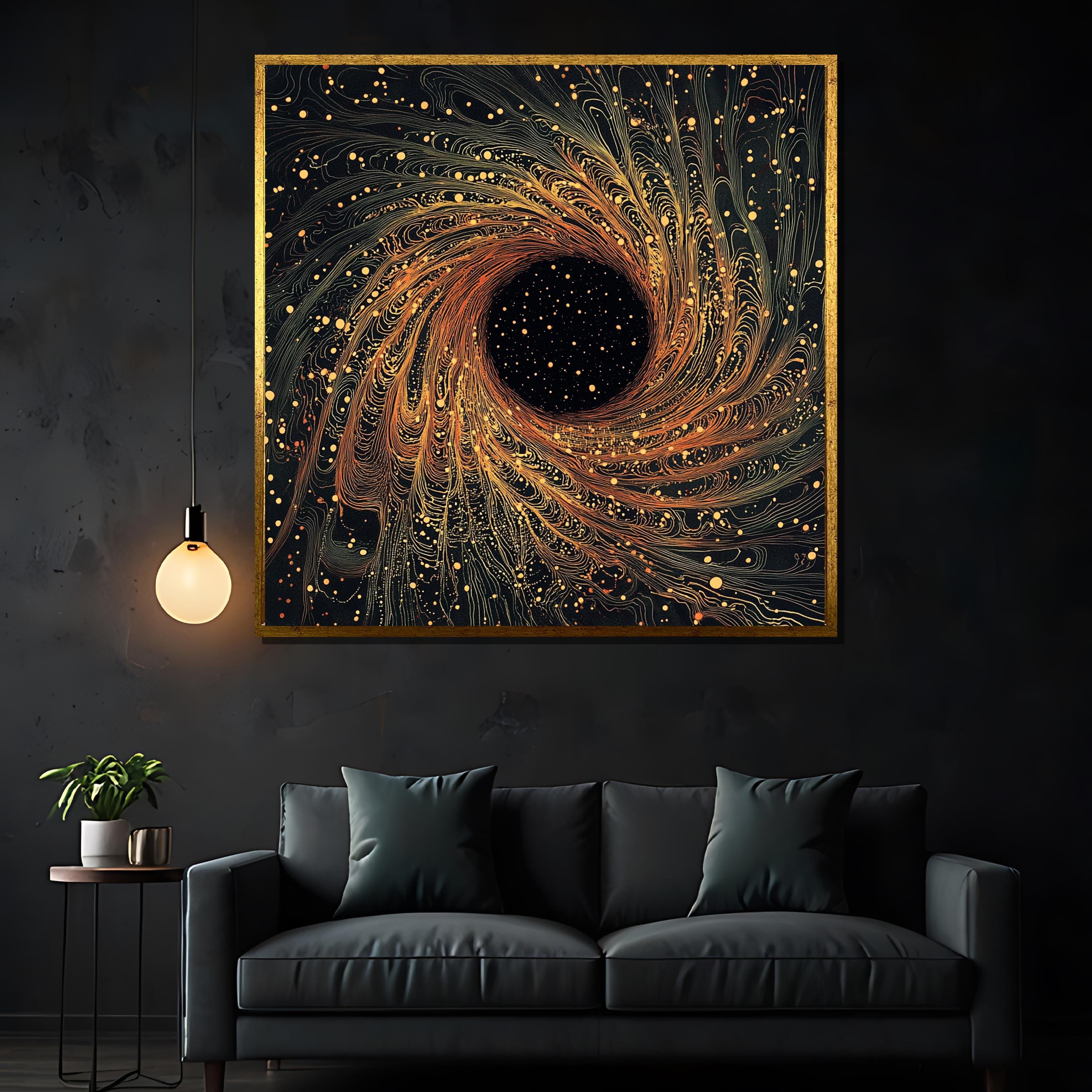 Black Hole Canvas Painting, Abstract Cosmic Swirl Wall Art, Golden