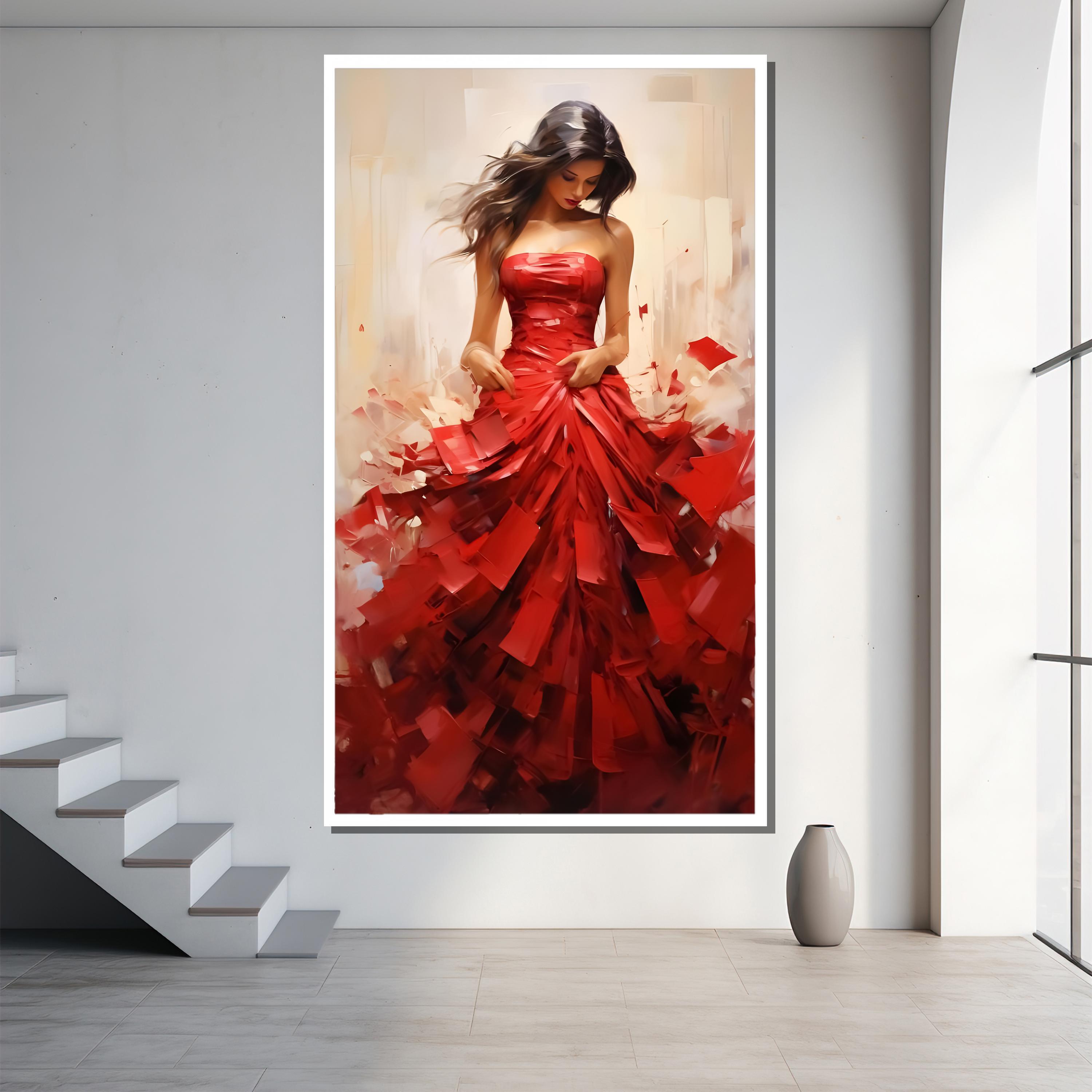 Elegant Red Dress Canvas Painting Gift - Stylish Woman in Flowing Red ...