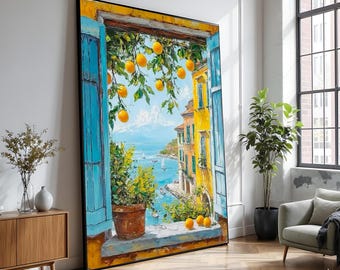 May include: Large framed painting depicting a coastal Italian scene. The artwork features a vibrant view through a window with blue shutters, showcasing a sunny harbor with buildings, boats, and lemon trees. The painting is in a vertical format.