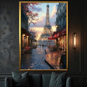 Romantic Paris Street Canvas Painting - Cozy Café Scene with Eiffel Tower View for Elegant Home Decor and Gift Ideas