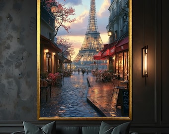 May include: A painting of a Parisian street scene with the Eiffel Tower in the background. The street is lined with cafes and shops, and there are people walking around. The sky is a soft blue with pink clouds.