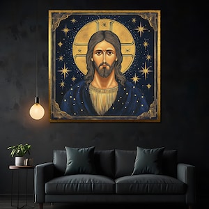 Byzantine Icon of Jesus Christ – Gold Halo with Stars, Sacred Christian Religious Art, Blue and Gold Devotional Painting