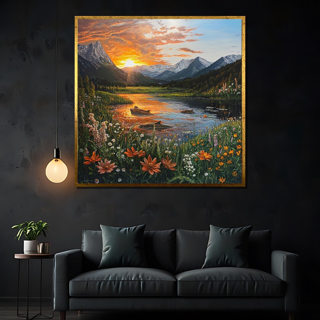 Mountain Sunset Canvas Painting, Serene Lake Landscape Art, Nature Wall ...