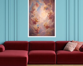柔らかな雲の中の天使のキャンバス、スピリチュアルな壁アート、天