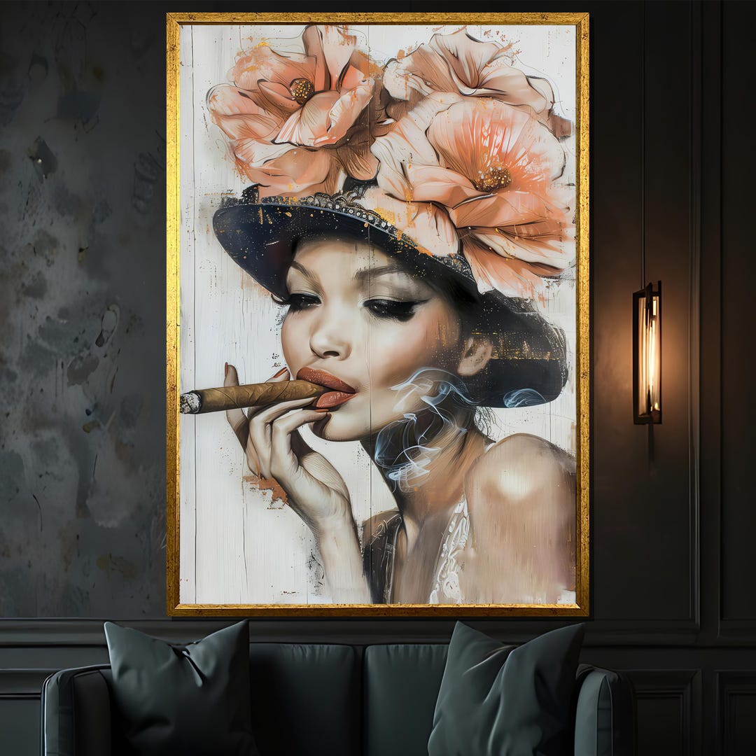 Woman Smoking Cigar Canvas Print – Floral Headpiece, Modern Wall Art - Etsy
