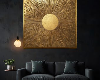 Golden Sunburst Canvas Painting, Luxury Abstract Gold Wall Art