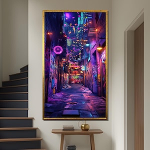 Cyberpunk Cityscape Canvas Painting, Neon Alleyway Wall Art, Futuristic Urban Street Scene, Graffiti Lights Decor, Sci-Fi Home Gift