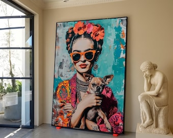 Lienzo con retrato vibrante estilo Frida, arte mural colorido de mujer con perro, impresión de arte mexicano moderno, decoración con diadema floral, lienzo urbano brillante.