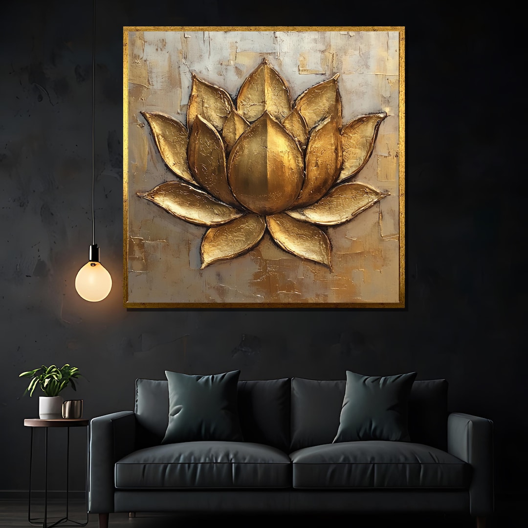 Golden Lotus Flower Canvas Painting, Textured Floral Wall Art for Zen ...
