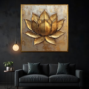 Golden Lotus Flower Canvas Painting, Textured Floral Wall Art for Zen Decor, Elegant Spiritual Gift for Home