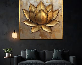 Dipinto su tela con fiore di loto dorato, decorazione murale floreale testurizzata per decorazioni zen, elegante regalo spirituale per la casa.