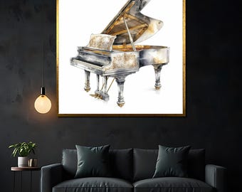 ダークグランドピアノの絵画、ドラマチックな素朴な音楽の壁アート