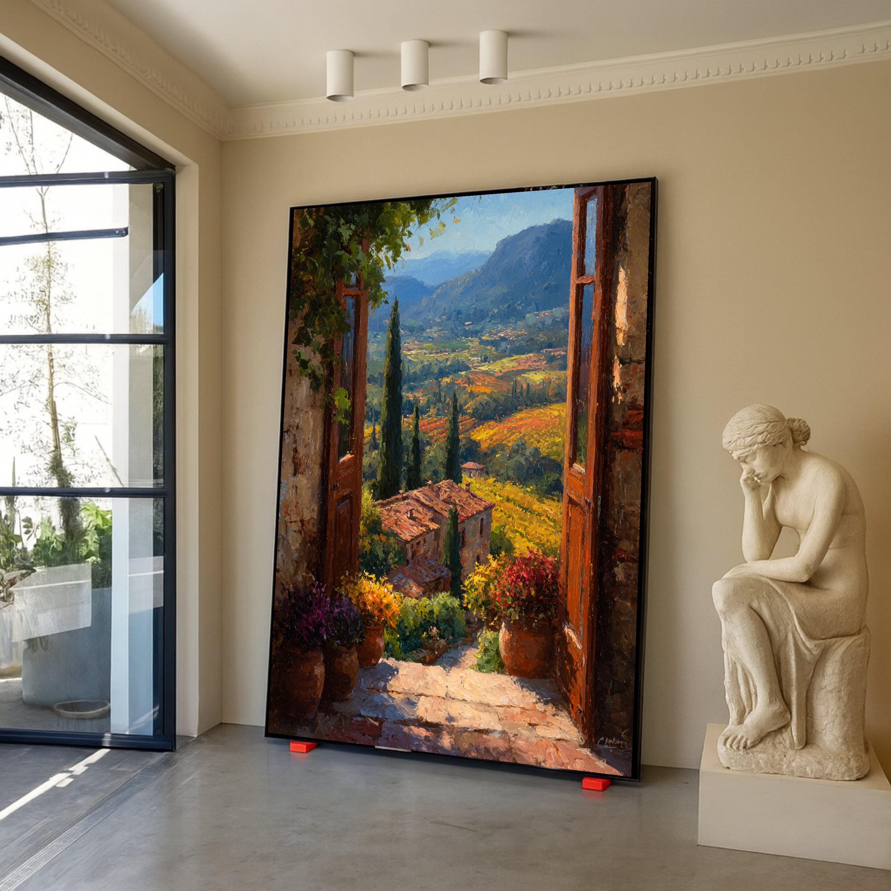 Sunlit Tuscan Landscape, Open Door Canvas, Italian Countryside