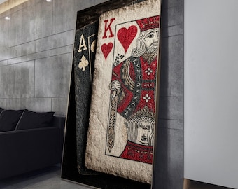 Vintage Playing Cards Canvas Wall Art, King of Hearts & Ace of Spades, Retro Card Game Decoration, Classic Poker Theme Canvas, Game Room