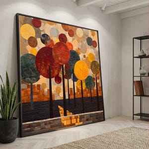 Puede incluir: Gran impresión artística abstracta enmarcada que representa un paisaje colorido. La obra de arte presenta árboles estilizados con copas circulares en tonos de rojo, amarillo y verde. El fondo incluye círculos de varios tamaños en tonos apagados. La obra está enmarcada en negro.