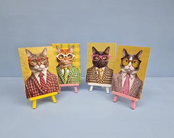 Set of 4 postcards with cats wearing glasses