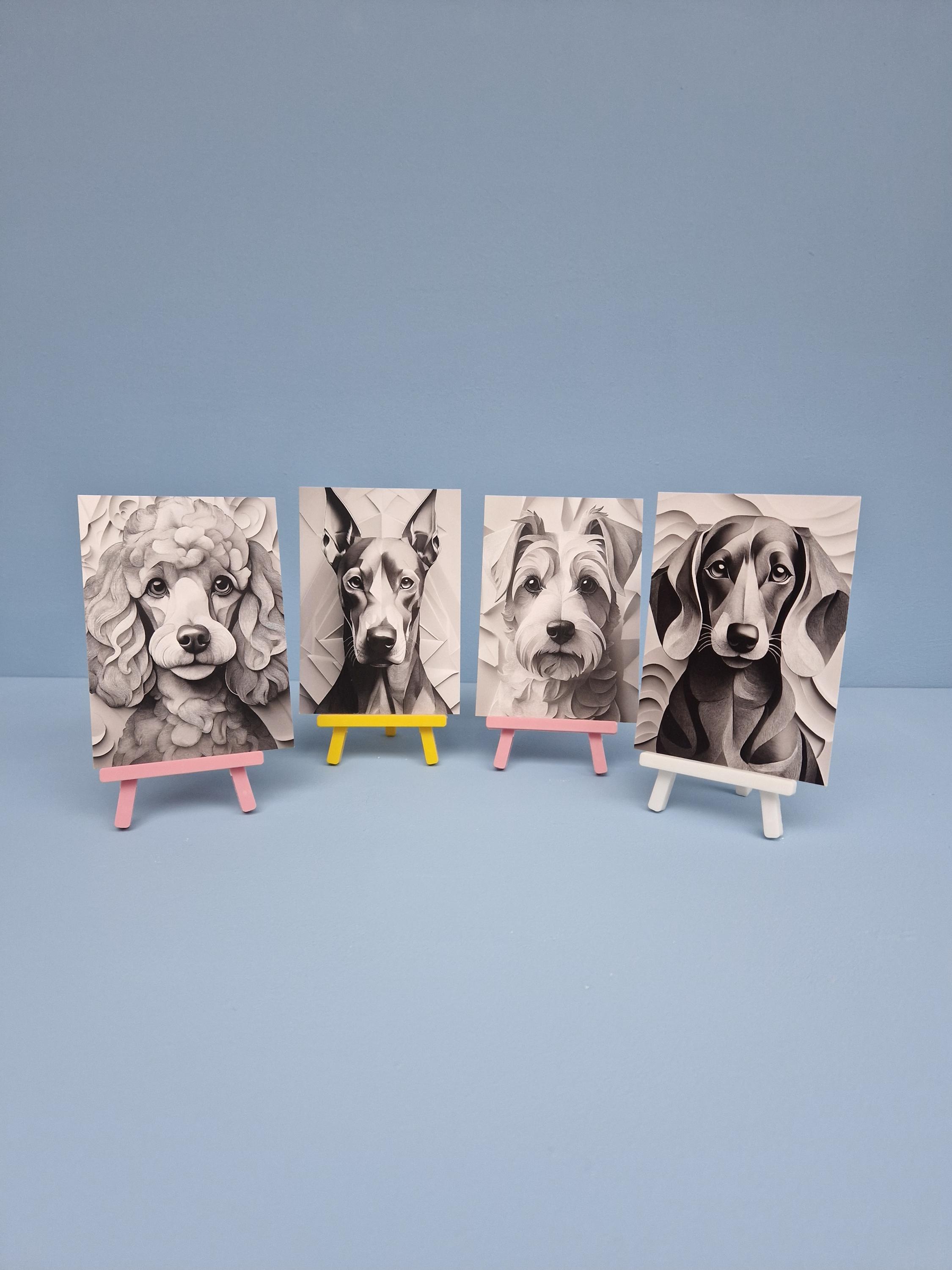Set van 4 ansichtkaarten met 4 verschillende honden