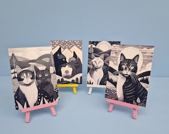 Set of 4 postcards with cats in black and white