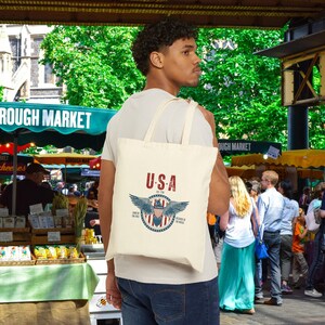 Patriotic Cotton Canvas Tote, USA Tote, American Bag, Tote for Farmers Market Grocery Shopping, Gift for Dad, Mom, Sister, Groomsman