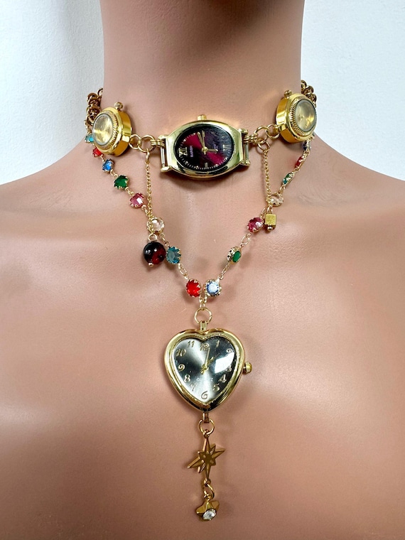Retro gold watch choker and layered necklace set, handcrafted clock necklace, punk-inspired heart pendant jewelry, personalized gift for her