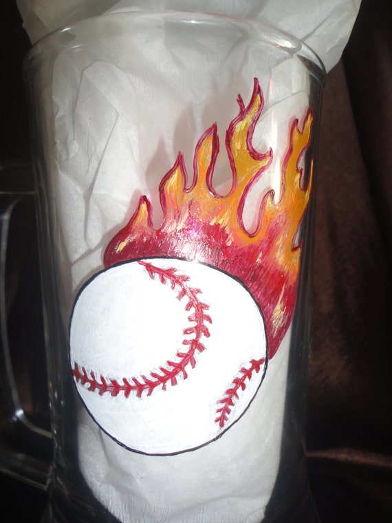 Items similar to Hand Painted Baseball with Flame Beer Mug on Etsy