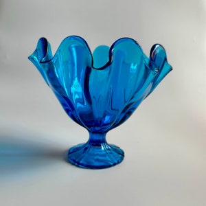 Vintage LE Smith Peacock Blue Handkerchief Vase, Compote Pedestal Dish, MCM Collectible Glass