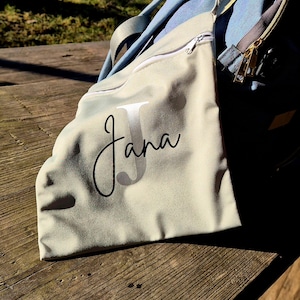 May include: A light gray tote bag with the name "Jana" in a cursive font. The bag has a white zipper and is resting on a wooden surface. A blue backpack is partially visible in the background.