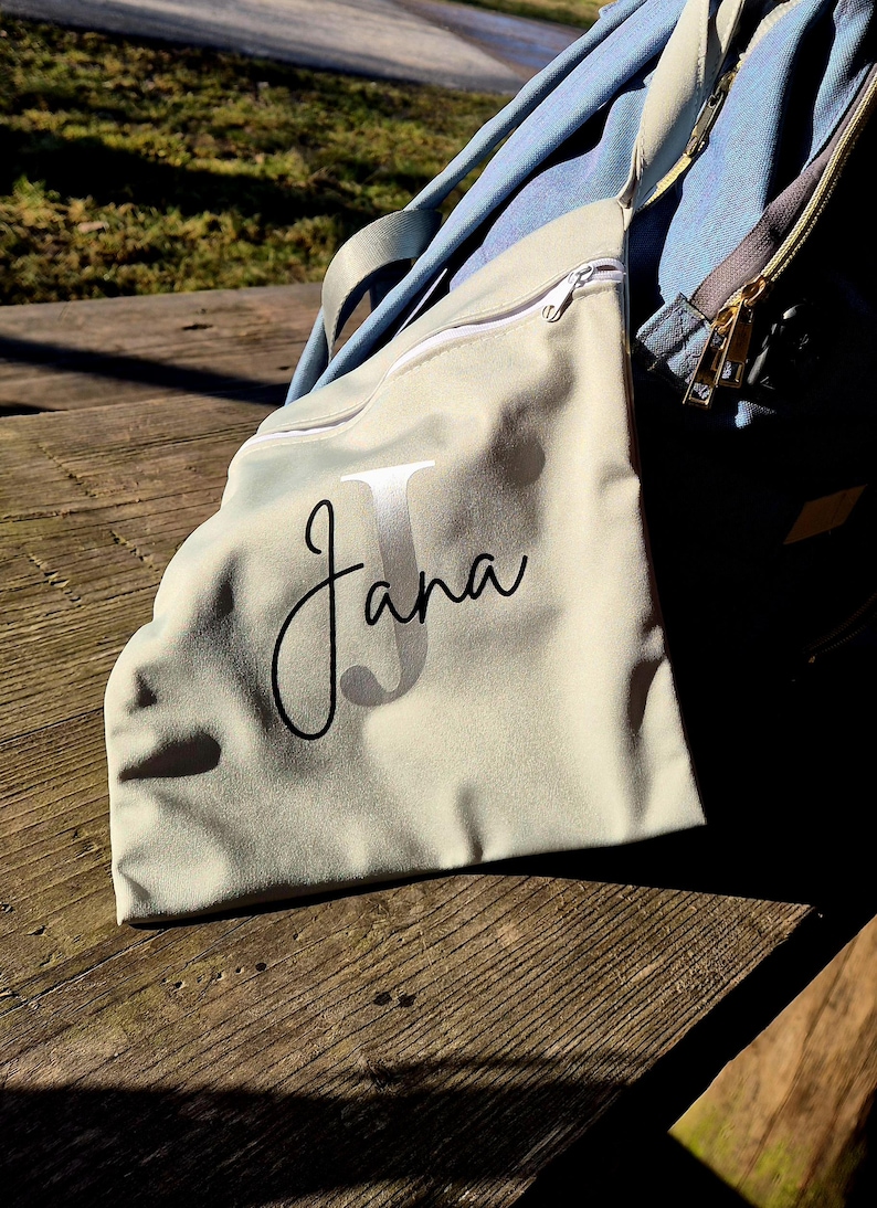 May include: A light gray tote bag with the name "Jana" in a cursive font. The bag has a white zipper and is resting on a wooden surface. A blue backpack is partially visible in the background.