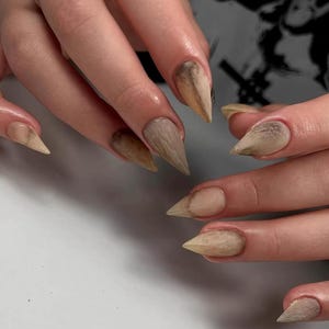 Puede incluir: Uñas puntiagudas en forma de estilete con un acabado texturizado de color beige y marrón moteado que imita la apariencia de cuerno natural o veta de madera. Las uñas tienen una punta afilada y un efecto de degradado de oscuro a claro.