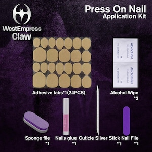 May include: Press-on nail application kit with 24 adhesive tabs, 2 alcohol wipes, 1 sponge file, 1 nail glue, 1 cuticle pusher, 1 silver stick, and 1 nail file.