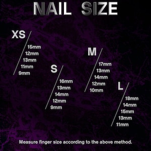 May include: A dark purple background with the words "NAIL SIZE" in silver. The image displays nail sizes labeled XS, S, M, and L, with corresponding millimeter measurements for each size. Text at the bottom reads, "Measure finger size according to the above method."