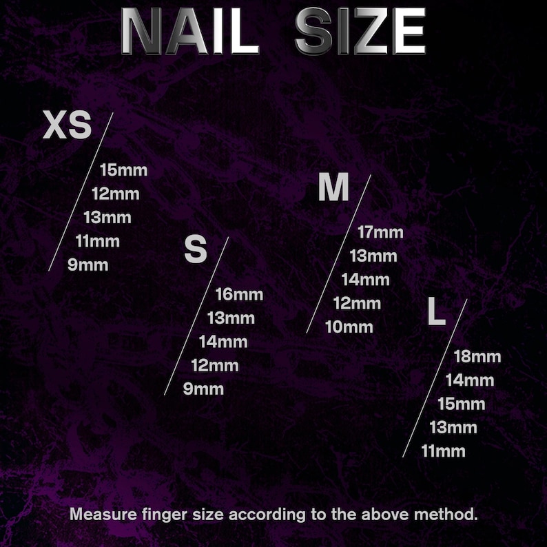 May include: A dark purple background with the words "NAIL SIZE" in silver. The image displays nail sizes labeled XS, S, M, and L, with corresponding millimeter measurements for each size. Text at the bottom reads, "Measure finger size according to the above method."