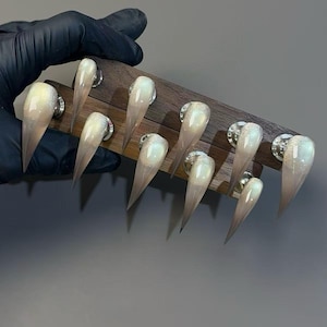 May include: A set of ten stiletto-shaped press-on nails featuring a gradient design that transitions from a shimmering, iridescent white at the base to a translucent, smoky grey tip. The nails are mounted on a dark brown wooden display bar.