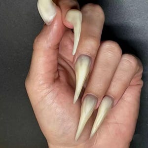 May include: A hand displaying long, pointed fingernails. The nails are painted in an off-white shade with a gradient effect, darker at the base and fading to a lighter colour at the tips. The nails are the main focus.