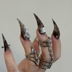 May include: Long, pointed, stiletto-shaped artificial nails featuring a dark, mottled brown and black pattern with silver-toned metal accents, including a small snake figure and studs. Silver-toned metal rings adorn the fingers.
