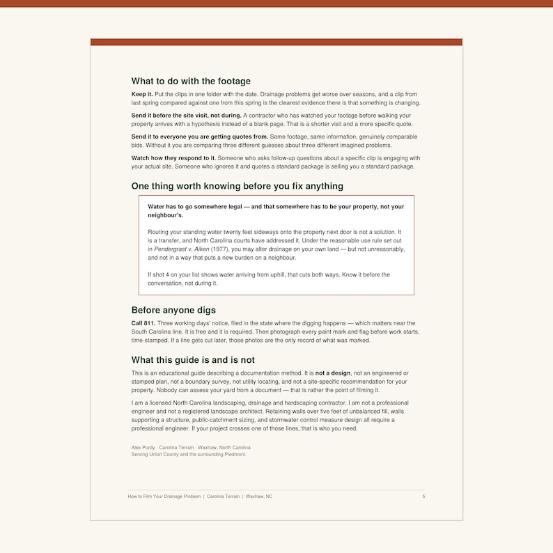 May include: A white informational document titled How to Film Your Drainage Problem with black text sections including What to do with the footage, One thing worth knowing before you fix anything, Before anyone digs, and What this guide is and is not.