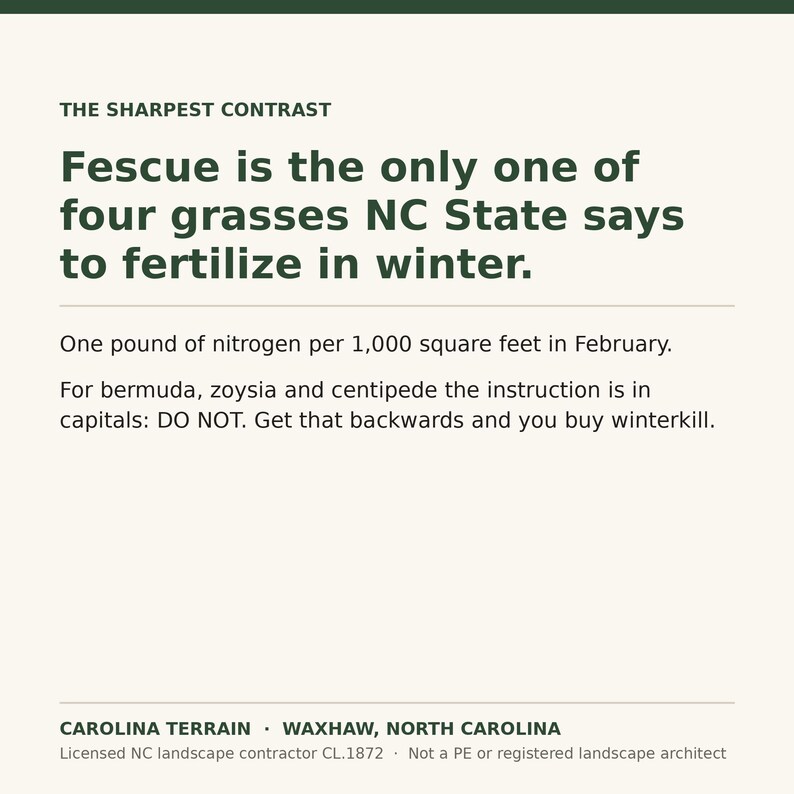 May include: An informational graphic with dark green text on a light background. It states: THE SHARPEST CONTRAST. Fescue is the only one of four grasses NC State says to fertilize in winter. One pound of nitrogen per 1,000 square feet in February.
