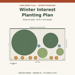 May include: A digital Winter Interest Planting Plan for USDA Zones 7b-8a, featuring a 42 ft x 24 ft garden layout. The diagram includes numbered circles representing plants, a north arrow, a scale bar, and text labels for property line and lawn edge.