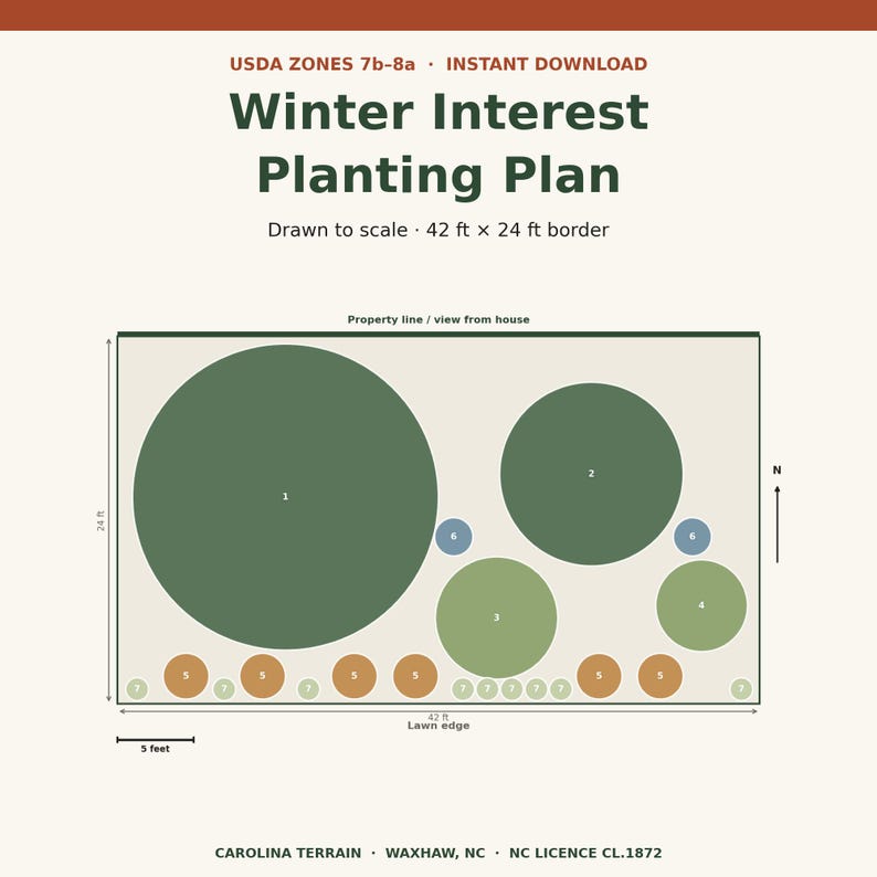 May include: A digital Winter Interest Planting Plan for USDA Zones 7b-8a, featuring a 42 ft x 24 ft garden layout. The diagram includes numbered circles representing plants, a north arrow, a scale bar, and text labels for property line and lawn edge.