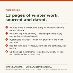 May include: A document titled WHAT'S INSIDE 13 pages of winter work, sourced and dated. It lists five points regarding winter pruning, hydrangea species, lawn care for fescue, bermuda, and centipede, and cold damage mechanisms by Carolina Terrain.