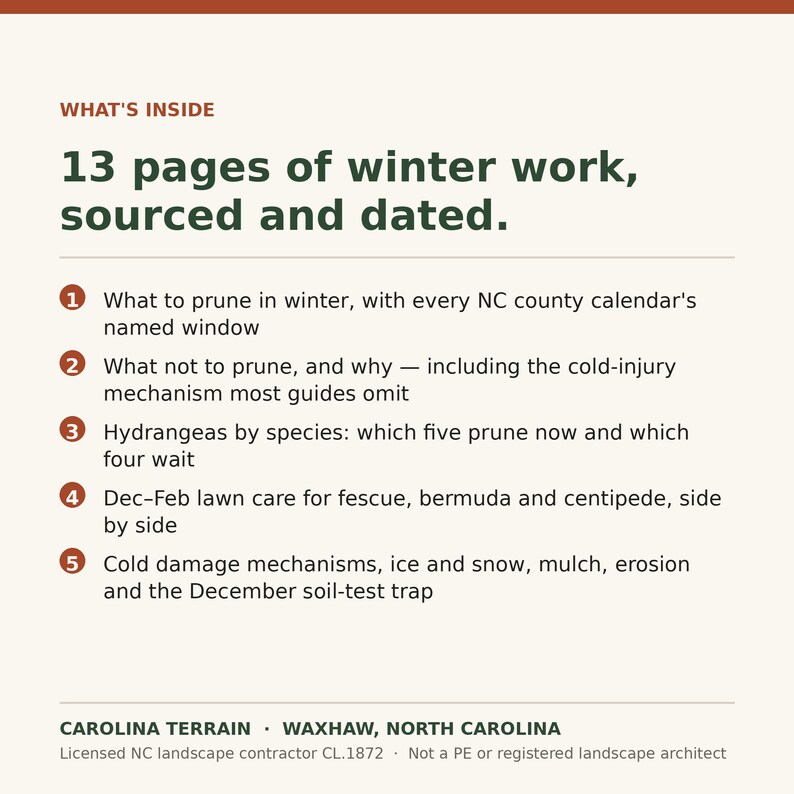 May include: A document titled WHAT'S INSIDE 13 pages of winter work, sourced and dated. It lists five points regarding winter pruning, hydrangea species, lawn care for fescue, bermuda, and centipede, and cold damage mechanisms by Carolina Terrain.